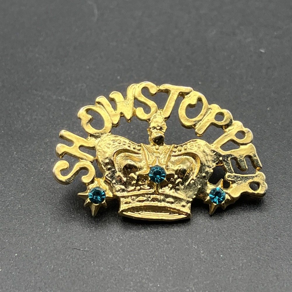 Showstopper Crown Faux Emeralds Gold Tone Lapel Hat Pin